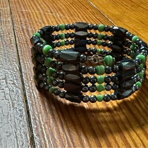 Elegant Black and Green Beaded Hematite Bracelet - Handmade